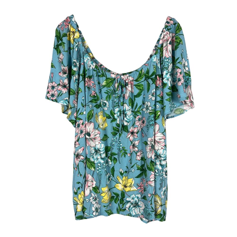 TORRID Women's 3X (3) Blue Floral Boho Rayon Slub Flutter Short Sleeve Blouse